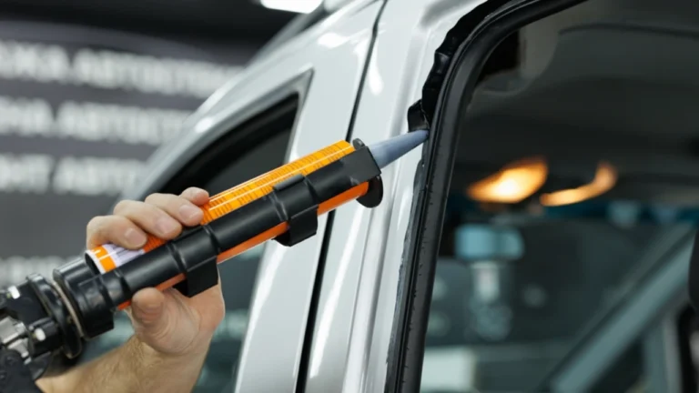 Technician applies special adhesive sealant to windscreen