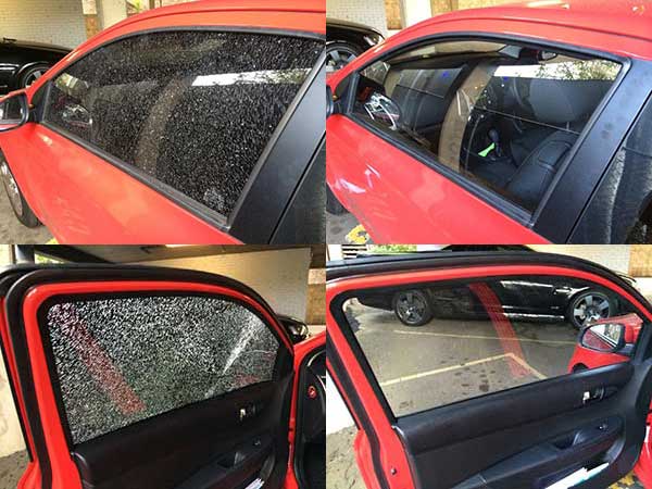 Before and after of newly installed side window after professional replacement