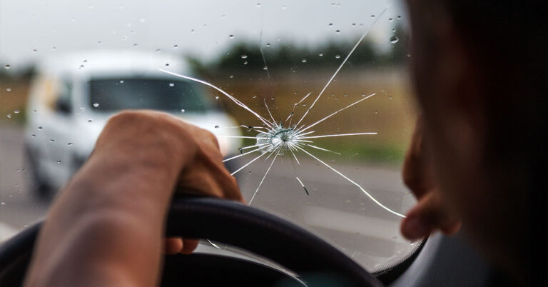 Close-up of a windscreen stone chip