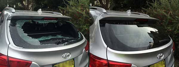Broken rear windscreen before and after replacement